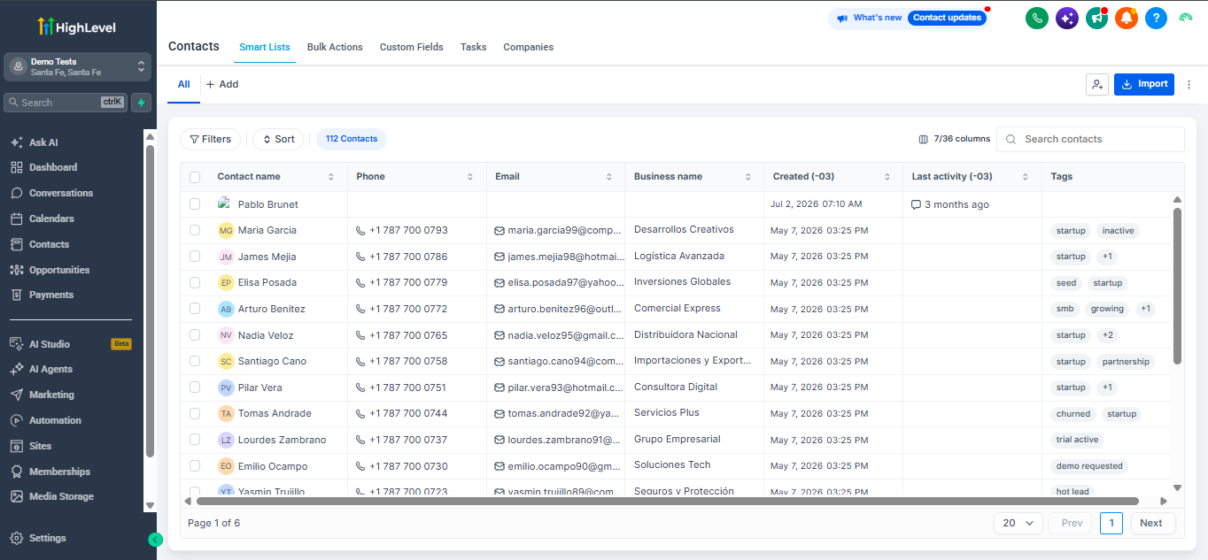 Vista de contactos de HighLevel en un entorno de demostración: listado con datos de contacto, empresa, actividad y etiquetas.
